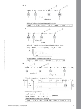 Reproduçãoproibida.Art.184doCódigoPenaleLei9.610de19defevereirode1998.
81Suplemento para o professor
27) a)
Acertando os coeficientes da equação acima, temos:
2 KMnO4 ϩ 16 HCl 2 KCl ϩ 2 MnCl2 ϩ 8 H2O ϩ 5 Cl2
b)
∆ ϭ
1 ⅐ 2 ϭ
2
KCl H2O
Variação = 5
Variação = 1
ϩ2
ϩ ϩϩ Cl2MnCl2 ϩ
ϩ7 Ϫ1
∆ ϭ
5 ⅐ 1 ϭ
5
HClKMnO4
Zero
Aplicando a regra do xis e completando o balanceamento, temos:
∆ ϭ 3 ⅐ 1 ϭ
3
∆ ϭ 2 ⅐ 1 ϭ
2
HNO3 Hg(NO3)2 H2O
Variação = 2
Variação = 3
ϩ2
ϩ ϩ NOϩ
ϩ2ϩ5
Hg
Zero
Portanto, a equação balanceada é dada por:
3 Hg ϩ 8 HNO3 3 Hg(NO3)2 ϩ 4 H2O ϩ 2 NO
31)
8 HNO33 Hg
3 Hg
8 H
6 N ϩ 2 N ϭ 8 N
3 Hg(NO3)2 4 H2Oϩ ϩ 2 NOϩ
∆ ϭ 5 ⅐ 1 ϭ
5
∆ ϭ 2 ⅐ 1 ϭ
2
NaBiO3 Mn2ϩ
Bi3ϩ
Hϩ
Variação = 2
Variação = 5
ϩ3 ϩ7ϩ5
Naϩ
H2OMnO4
Ϫ
ϩ ϩ ϩ ϩ ϩ
ϩ2
Aplicando a regra do xis e completando o balanceamento, temos:
Verificação das cargas elétricas:
• no 1o
membro: ϩ14 ϩ 4 ϭ ϩ18
• no 2o
membro: ϩ15 ϩ 5 Ϫ 2 ϭ ϩ18
Igualdade
Portanto a equação balanceada é dada por:
5 NaBiO3 ϩ 14 Hϩ
ϩ 2 Mn2ϩ
5 Bi3ϩ
ϩ 5 Naϩ
ϩ 2 MnO4
Ϫ
ϩ 7 H2O
5 NaBiO3 2 Mn2ϩ
5 Bi3ϩ
14 Hϩ
14 H
5 Bi
2 Mn
5 Na
3 • 5 ϭ 15 O
5 Naϩ
7 H2O2 MnO4
Ϫ
ϩ ϩ ϩ ϩ ϩ
7 O8 O
Manual F-QF2-PNLEM 14/6/05, 16:5881
 