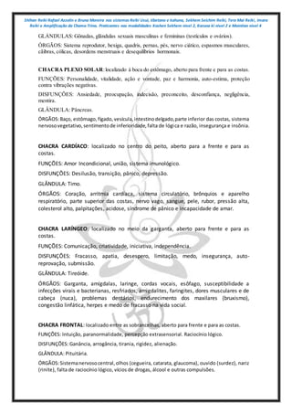 Shihan Reiki Rafael Azzolin e Bruna Moreira nos sistemas Reiki Usui, tibetano e kahuna, Sekhem Seichim Reiki, Tera Mai Reiki, Imara
Reiki e Amplificação da Chama Trina. Praticantes nas modalidades Kashen Sekhem nivel 2, Karuna ki nivel 2 e Mointian nivel 4
GLÂNDULAS: Gônadas, glândulas sexuais masculinas e femininas (testículos e ovários).
ÓRGÃOS: Sistema reprodutor, bexiga, quadris, pernas, pés, nervo ciático, espasmos musculares,
cãibras, cólicas, desordens menstruais e desequilíbrios hormonais.
CHACRA PLEXO SOLAR:localizado à boca do estômago, aberto para frente e para as costas.
FUNÇÕES: Personalidade, vitalidade, ação e vontade, paz e harmonia, auto-estima, proteção
contra vibrações negativas.
DISFUNÇÕES: Ansiedade, preocupação, indecisão, preconceito, desconfiança, negligência,
mentira.
GLÂNDULA: Pâncreas.
ÓRGÃOS:Baço, estômago,fígado,vesícula,intestinodelgado,parte inferior das costas, sistema
nervosovegetativo,sentimentode inferioridade,falta de lógica e razão, insegurança e insônia.
CHACRA CARDÍACO: localizado no centro do peito, aberto para a frente e para as
costas.
FUNÇÕES: Amor Incondicional, união, sistema imunológico.
DISFUNÇÕES: Desilusão, transição, pânico, depressão.
GLÂNDULA: Timo.
ÓRGÃOS: Coração, arritmia cardíaca, sistema circulatório, brônquios e aparelho
respiratório, parte superior das costas, nervo vago, sangue, pele, rubor, pressão alta,
colesterol alto, palpitações, acidose, síndrome de pânico e incapacidade de amar.
CHACRA LARÍNGEO: localizado no meio da garganta, aberto para frente e para as
costas.
FUNÇÕES: Comunicação, criatividade, iniciativa, independência.
DISFUNÇÕES: Fracasso, apatia, desespero, limitação, medo, insegurança, auto-
reprovação, submissão.
GLÂNDULA: Tireóide.
ÓRGÃOS: Garganta, amígdalas, laringe, cordas vocais, esôfago, susceptibilidade a
infecções virais e bacterianas, resfriados, amigdalites, faringites, dores musculares e de
cabeça (nuca), problemas dentários, endurecimento dos maxilares (bruxismo),
congestão linfática, herpes e medo de fracasso na vida social.
CHACRA FRONTAL: localizado entre as sobrancelhas, aberto para frente e para as costas.
FUNÇÕES: Intuição, paranormalidade, percepção extrasensorial. Raciocínio lógico.
DISFUNÇÕES: Ganância, arrogância, tirania, rigidez, alienação.
GLÂNDULA: Pituitária.
ÓRGÃOS:Sistemanervosocentral,olhos (cegueira, catarata, glaucoma), ouvido (surdez), nariz
(rinite), falta de raciocínio lógico, vícios de drogas, álcool e outras compulsões.
 