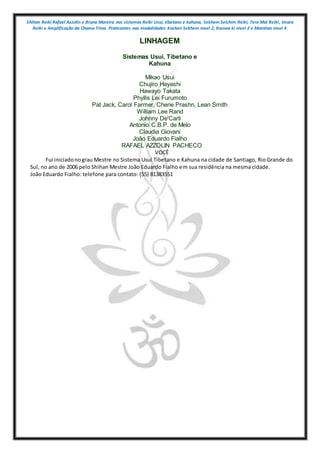Shihan Reiki Rafael Azzolin e Bruna Moreira nos sistemas Reiki Usui, tibetano e kahuna, Sekhem Seichim Reiki, Tera Mai Reiki, Imara
Reiki e Amplificação da Chama Trina. Praticantes nas modalidades Kashen Sekhem nivel 2, Karuna ki nivel 2 e Mointian nivel 4
LINHAGEM
Sistemas Usui, Tibetano e
Kahuna
Mikao Usui
Chujiro Hayashi
Hawayo Takata
Phyllis Lei Furumoto
Pat Jack, Carol Farmer, Cherie Prashn, Lean Smith
William Lee Rand
Johnny De'Carli
Antonio C.B.P. de Melo
Claudia Giovani
João Eduardo Fialho
RAFAEL AZZOLIN PACHECO
VOCÊ
Fui iniciadonograu Mestre no Sistema Usui Tibetano e Kahuna na cidade de Santiago, Rio Grande do
Sul, no ano de 2006 pelo Shihan Mestre João Eduardo Fialho em sua residência na mesma cidade.
João Eduardo Fialho: telefone para contato: (55) 81383551
 