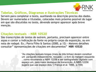 Tabelas, Gráficos, Diagramas e Ilustrações Técnicas Servem para completar o texto, auxiliando na descrição precisa dos dados. Devem ser numeradas e tituladas, colocadas mais próximo possível do lugar em que são discutidos no texto, devendo sempre aparecer após breve menção. Citações textuais  - NBR 10520 São transcrições de textos de outrem, portanto, precisam aparecer entre aspas e conter a indicação da fonte no próprio corpo da exposição, ou em nota de rodapé. Ex.; Parra Filho & Santos (2000, p.12) - Maiores detalhes consultar” Apresentações de citações em documentos”  NBR 10520 “ As citações textuais longas (mais de três linhas) devem constituir um  parágrafo independente, recuado – a 4cm da margem esquerda ...como recomenda a NBR 12256 e ser datilografado/ digitado com espaço um, para maior destaque da transcrição. A NBR-12256 sugere que use espaço dois.”( França et al. 1998,. p.159) 