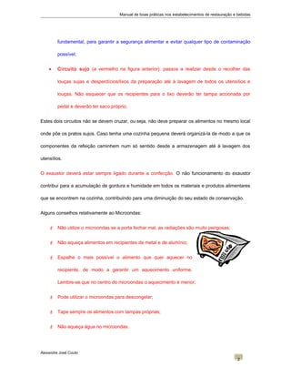Manual de boas práticas nos estabelecimentos de restauração e bebidas
fundamental, para garantir a segurança alimentar e evitar qualquer tipo de contaminação
possível;
• Circuito sujo (a vermelho na figura anterior): passos a realizar desde o recolher das
louças sujas e desperdícios/lixos da preparação até à lavagem de todos os utensílios e
louças. Não esquecer que os recipientes para o lixo deverão ter tampa accionada por
pedal e deverão ter saco próprio;
Estes dois circuitos não se devem cruzar, ou seja, não deve preparar os alimentos no mesmo local
onde põe os pratos sujos. Caso tenha uma cozinha pequena deverá organizá-la de modo a que os
componentes da refeição caminhem num só sentido desde a armazenagem até à lavagem dos
utensílios.
O exaustor deverá estar sempre ligado durante a confecção. O não funcionamento do exaustor
contribui para a acumulação de gordura e humidade em todos os materiais e produtos alimentares
que se encontrem na cozinha, contribuindo para uma diminuição do seu estado de conservação.
Alguns conselhos relativamente ao Microondas:
 Não utilize o microondas se a porta fechar mal, as radiações são muito perigosas;
 Não aqueça alimentos em recipientes de metal e de alumínio;
 Espalhe o mais possível o alimento que quer aquecer no
recipiente, de modo a garantir um aquecimento uniforme.
Lembre-se que no centro do microondas o aquecimento é menor;
 Pode utilizar o microondas para descongelar;
 Tape sempre os alimentos com tampas próprias;
 Não aqueça água no microondas.
Alexandre José Couto
2
 