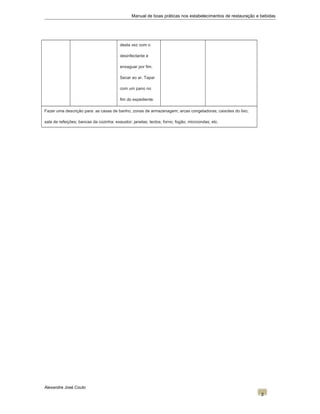 Manual de boas práticas nos estabelecimentos de restauração e bebidas
desta vez com o
desinfectante e
enxaguar por fim.
Secar ao ar. Tapar
com um pano no
fim do expediente.
Fazer uma descrição para: as casas de banho; zonas de armazenagem; arcas congeladoras; caixotes do lixo;
sala de refeições; bancas da cozinha; exaustor; janelas; tectos; forno; fogão; microondas; etc.
Alexandre José Couto
2
 
