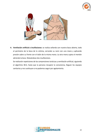 43
4. Ventilación artificial o insuflaciones: se realiza sellando con nuestra boca abierta, todo
el perímetro de la boca de la víctima, cerrando su nariz con una mano y aplicando
presión sobre su frente con el talón de la misma mano. La otra mano sujeta el mentón
abriendo la boca. Relazándose dos insuflaciones.
Se realizarán repeticiones de las compresiones torácicas y ventilación artificial, siguiendo
el algoritmo 30:2, hasta que la persona recupere la consciencia, lleguen los equipos
sanitarios y nos sustituyan o no podamos seguir por agotamiento.
 