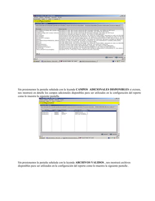 Sin presionamos la pestaña señalada con la leyenda CAMPOS ADICIONALES DISPONIBLES si existen,
nos mostrará en detalle los campos adicionales disponibles para ser utilizados en la configuración del reporte
como lo muestra la siguiente pantalla.
Sin presionamos la pestaña señalada con la leyenda ARCHIVOS VALIDOS , nos mostrará archivos
disponibles para ser utilizados en la configuración del reporte como lo muestra la siguiente pantalla .
 