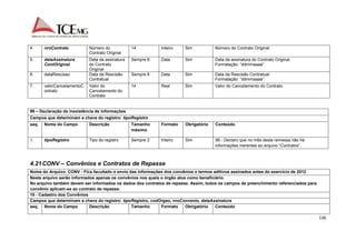 136 
4. nroContrato Número do 
Contrato Original 
14 Inteiro Sim Número do Contrato Original. 
5. dataAssinatura 
ContOriginal 
Data da assinatura 
do Contrato 
Original 
Sempre 8 Data Sim Data da assinatura do Contrato Original. 
Formatação: “ddmmaaaa”. 
6. dataRescisao Data da Rescisão 
Contratual 
Sempre 8 Data Sim Data da Rescisão Contratual. 
Formatação: “ddmmaaaa”. 
7. valorCancelamentoC 
ontrato 
Valor do 
Cancelamento do 
Contrato 
14 Real Sim Valor do Cancelamento do Contrato. 
99 – Declaração de inexistência de informações 
Campos que determinam a chave do registro: tipoRegistro 
seq. Nome do Campo Descrição Tamanho 
máximo 
Formato Obrigatório Conteúdo 
1. tipoRegistro Tipo do registro Sempre 2 Inteiro Sim 99 - Declaro que no mês desta remessa não há 
informações inerentes ao arquivo “Contratos”. 
4.21 CONV – Convênios e Contratos de Repasse 
Nome do Arquivo: CONV - Fica facultado o envio das informações dos convênios e termos aditivos assinados antes do exercício de 2012 
Neste arquivo serão informados apenas os convênios nos quais o órgão atue como beneficiário. 
No arquivo também devem ser informados os dados dos contratos de repasse. Assim, todos os campos de preenchimento referenciados para 
convênio aplicam-se ao contrato de repasse. 
10 - Cadastro dos Convênios 
Campos que determinam a chave do registro: tipoRegistro, codOrgao, nroConvenio, dataAssinatura 
seq. Nome do Campo Descrição Tamanho Formato Obrigatório Conteúdo 
 