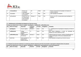 177 
9. nroLiquidacao Número da 
Liquidação 
22 Inteiro Sim Número sequencial da liquidação de despesa do 
referido empenho. 
10. vlLiquidado Valor Liquidado 
do empenho. 
14 Real Sim Valor liquidado do empenho. 
11. cpfLiquidante Número do CPF 
do responsável 
pela liquidação 
da despesa 
Sempre 11 Texto Sim Número do CPF do responsável pela liquidação da 
despesa. 
11 – Detalhamento da liquidação da despesa por fonte de recurso 
Campos que determinam a chave do registro: tipoRegistro, codReduzido, codFontRecursos 
seq. Nome do Campo Descrição Tamanho 
máximo 
Formato Obrigatório Conteúdo 
1. tipoRegistro Tipo do registro Sempre 2 Inteiro Sim 11 – Detalhamento da liquidação da despesa por fonte de 
recurso. 
2. codReduzido Código 
Identificador do 
registro. 
15 Inteiro Sim Este campo estabelece o vínculo da liquidação da 
despesa com seus respectivos itens. 
3. codFontRecursos Código da fonte 
de recursos 
Sempre 3 Inteiro Sim Código da fonte de recursos, conforme Classificação por 
Fonte e Destinação de Recursos estabelecida pelo 
TCEMG. 
4. valorFonte Valor liquidado do 
empenho por 
fonte de recurso 
14 Real Sim Valor liquidado do empenho por fonte de recurso. 
12 - Despesa de exercícios anteriores ou sentenças judiciais anteriores para fins de exclusão na apuração da despesa total com pessoal 
Campos que determinam a chave do registro: tipoRegistro, codReduzido, mesCompetencia, exercicioCompetencia 
seq. Nome do Campo Descrição Tamanho Formato Obrigatório Conteúdo 
 