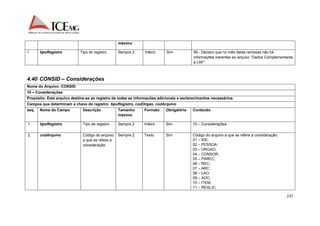 237 
máximo 
1. tipoRegistro Tipo do registro Sempre 2 Inteiro Sim 99 - Declaro que no mês desta remessa não há 
informações inerentes ao arquivo “Dados Complementares 
à LRF”. 
4.40 CONSID – Considerações 
Nome do Arquivo: CONSID 
10 – Considerações 
Propósito: Este arquivo destina-se ao registro de todas as informações adicionais e esclarecimentos necessários. 
Campos que determinam a chave do registro: tipoRegistro, codOrgao, codArquivo 
seq. Nome do Campo Descrição Tamanho 
máximo 
Formato Obrigatório Conteúdo 
1. tipoRegistro Tipo de registro Sempre 2 Inteiro Sim 10 – Considerações 
2. codArquivo Código do arquivo 
a que se refere a 
consideração 
Sempre 2 Texto Sim Código do arquivo a que se refere a consideração: 
01 – IDE; 
02 – PESSOA; 
03 – ORGAO; 
04 – CONSOR; 
05 – PAREC; 
06 – REC; 
07 – ARC; 
08 – LAO; 
09 – AOC; 
10 – ITEM; 
11 – REGLIC; 
 