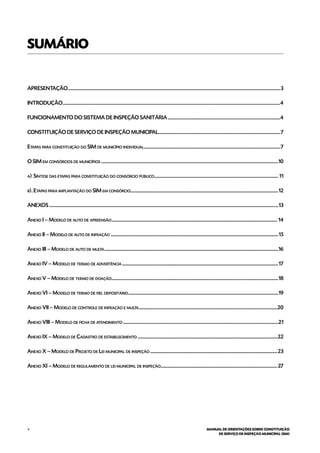 4 MANUAL DE ORIENTAÇÕES SOBRE CONSTITUIÇÃO
DE SERVIÇO DE INSPEÇÃO MUNICIPAL (SIM)
SUMÁRIO
APRESENTAÇÃO.............................................................................................................................................................................................................3
INTRODUÇÃO..................................................................................................................................................................................................................4
FUNCIONAMENTO DO SISTEMA DE INSPEÇÃO SANITÁRIA.............................................................................................................4
CONSTITUIÇÃO DE SERVIÇO DE INSPEÇÃO MUNICIPAL......................................................................................................................7
Etapas para constituição do SIM de município individual....................................................................................................................................7
O SIM em consórcios de municípios...........................................................................................................................................................................10
a). Síntese das etapas para constituição do consórcio público........................................................................................................................ 11
b).. Etapas para implantação do SIM em consórcio...............................................................................................................................................12
ANEXOS.............................................................................................................................................................................................................................13
Anexo I – Modelo de auto de apreensão................................................................................................................................................................ 14
Anexo II – Modelo de auto de infração..................................................................................................................................................................15
Anexo III – Modelo de auto de multa........................................................................................................................................................................16
Anexo IV – Modelo de termo de advertência.......................................................................................................................................................17
Anexo V – Modelo de termo de doação.................................................................................................................................................................18
Anexo VI – Modelo de termo de fiel depositário.................................................................................................................................................19
Anexo VII – Modelo de controle de infração e multa......................................................................................................................................20
Anexo VIII – Modelo de ficha de atendimento......................................................................................................................................................21
Anexo IX – Modelo de Cadastro de estabelecimento.......................................................................................................................................22
Anexo X – Modelo de Projeto de Lei municipal de inspeção...........................................................................................................................23
Anexo XI – Modelo de regulamento de lei municipal de inspeção.................................................................................................................27
 