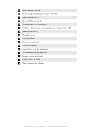 Nova mensagem de email
Nova mensagem de texto ou mensagem multimídia
Nova mensagem de voz
Um evento futuro da agenda
Uma música está sendo reproduzida
O telefone está conectado a um computador por meio de um cabo USB
Mensagem de cuidado
Mensagem de erro
Chamada perdida
Chamada em andamento
Chamada em espera
Encaminhamento de chamada ativado
Atualizações de software disponíveis
Fazendo o download de dados
Fazendo upload de dados
Mais notificações (não exibidas)
113
Esta é a versão on-line desta publicação. © Imprima-a apenas para uso pessoal.
 