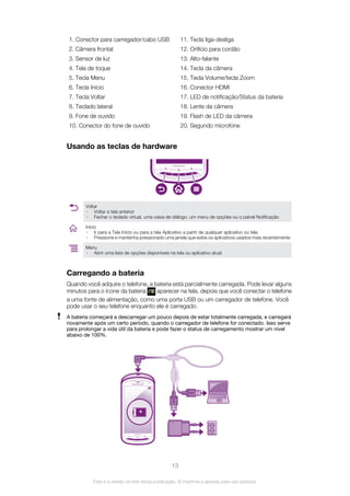 1. Conector para carregador/cabo USB
2. Câmera frontal
3. Sensor de luz
4. Tela de toque
5. Tecla Menu
6. Tecla Início
7. Tecla Voltar
8. Teclado lateral
9. Fone de ouvido
10. Conector do fone de ouvido
11. Tecla liga-desliga
12. Orifício para cordão
13. Alto-falante
14. Tecla da câmera
15. Tecla Volume/tecla Zoom
16. Conector HDMI
17. LED de notificação/Status da bateria
18. Lente da câmera
19. Flash de LED da câmera
20. Segundo microfone
Usando as teclas de hardware
Voltar
• Voltar à tela anterior
• Fechar o teclado virtual, uma caixa de diálogo, um menu de opções ou o painel Notificação
Início
• Ir para a Tela Início ou para a tela Aplicativo a partir de qualquer aplicativo ou tela
• Pressione e mantenha pressionado uma janela que exibe os aplicativos usados mais recentemente
Menu
• Abrir uma lista de opções disponíveis na tela ou aplicativo atual
Carregando a bateria
Quando você adquire o telefone, a bateria está parcialmente carregada. Pode levar alguns
minutos para o ícone da bateria aparecer na tela, depois que você conectar o telefone
a uma fonte de alimentação, como uma porta USB ou um carregador de telefone. Você
pode usar o seu telefone enquanto ele é carregado.
A bateria começará a descarregar um pouco depois de estar totalmente carregada, e carregará
novamente após um certo período, quando o carregador de telefone for conectado. Isso serve
para prolongar a vida útil da bateria e pode fazer o status de carregamento mostrar um nível
abaixo de 100%.
13
Esta é a versão on-line desta publicação. © Imprima-a apenas para uso pessoal.
 
