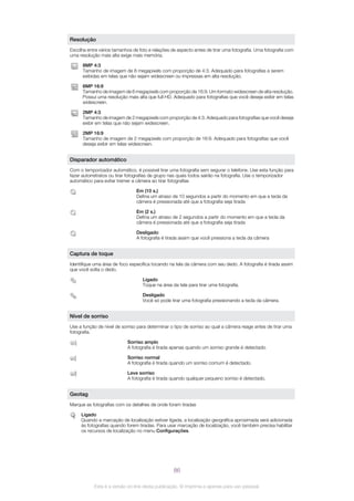 Resolução
Escolha entre vários tamanhos de foto e relações de aspecto antes de tirar uma fotografia. Uma fotografia com
uma resolução mais alta exige mais memória.
8MP 4:3
Tamanho de imagem de 8 megapixels com proporção de 4:3. Adequado para fotografias a serem
exibidas em telas que não sejam widescreen ou impressas em alta resolução.
6MP 16:9
Tamanho de imagem de 6 megapixels com proporção de 16:9. Um formato widescreen de alta resolução.
Possui uma resolução mais alta que full HD. Adequado para fotografias que você deseja exibir em telas
widescreen.
2MP 4:3
Tamanho de imagem de 2 megapixels com proporção de 4:3. Adequado para fotografias que você deseja
exibir em telas que não sejam widescreen.
2MP 16:9
Tamanho de imagem de 2 megapixels com proporção de 16:9. Adequado para fotografias que você
deseja exibir em telas widescreen.
Disparador automático
Com o temporizador automático, é possível tirar uma fotografia sem segurar o telefone. Use esta função para
fazer autorretratos ou tirar fotografias de grupo nas quais todos sairão na fotografia. Use o temporizador
automático para evitar tremer a câmera ao tirar fotografias
Em (10 s.)
Defina um atraso de 10 segundos a partir do momento em que a tecla da
câmera é pressionada até que a fotografia seja tirada
Em (2 s.)
Defina um atraso de 2 segundos a partir do momento em que a tecla da
câmera é pressionada até que a fotografia seja tirada
Desligado
A fotografia é tirada assim que você pressiona a tecla da câmera
Captura de toque
Identifique uma área de foco específica tocando na tela da câmera com seu dedo. A fotografia é tirada assim
que você solta o dedo.
Ligado
Toque na área da tela para tirar uma fotografia.
Desligado
Você só pode tirar uma fotografia pressionando a tecla da câmera.
Nível de sorriso
Use a função de nível de sorriso para determinar o tipo de sorriso ao qual a câmera reage antes de tirar uma
fotografia.
Sorriso amplo
A fotografia é tirada apenas quando um sorriso grande é detectado.
Sorriso normal
A fotografia é tirada quando um sorriso comum é detectado.
Leve sorriso
A fotografia é tirada quando qualquer pequeno sorriso é detectado.
Geotag
Marque as fotografias com os detalhes de onde foram tiradas
Ligado
Quando a marcação de localização estiver ligada, a localização geográfica aproximada será adicionada
às fotografias quando forem tiradas. Para usar marcação de localização, você também precisa habilitar
os recursos de localização no menu Configurações.
86
Esta é a versão on-line desta publicação. © Imprima-a apenas para uso pessoal.
 