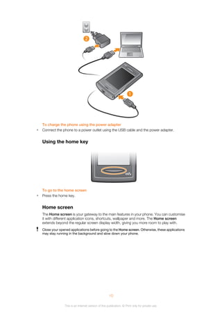 1
2
To charge the phone using the power adapter
• Connect the phone to a power outlet using the USB cable and the power adapter.
Using the home key
To go to the home screen
• Press the home key.
Home screen
The Home screen is your gateway to the main features in your phone. You can customise
it with different application icons, shortcuts, wallpaper and more. The Home screen
extends beyond the regular screen display width, giving you more room to play with.
Close your opened applications before going to the Home screen. Otherwise, these applications
may stay running in the background and slow down your phone.
10
This is an Internet version of this publication. © Print only for private use.
 