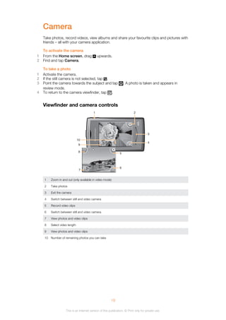 Camera
Take photos, record videos, view albums and share your favourite clips and pictures with
friends – all with your camera application.
To activate the camera
1 From the Home screen, drag upwards.
2 Find and tap Camera.
To take a photo
1 Activate the camera.
2 If the still camera is not selected, tap .
3 Point the camera towards the subject and tap . A photo is taken and appears in
review mode.
4 To return to the camera viewfinder, tap .
Viewfinder and camera controls
1 2
10
7
8
9
3
4
5
6
1 Zoom in and out (only available in video mode)
2 Take photos
3 Exit the camera
4 Switch between still and video camera
5 Record video clips
6 Switch between still and video camera
7 View photos and video clips
8 Select video length
9 View photos and video clips
10 Number of remaining photos you can take
19
This is an Internet version of this publication. © Print only for private use.
 