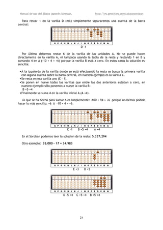 Manual de uso del ábaco japonés Soroban,                      http://es.geocities.com/abacosoroban

  Para restar 1 en la varilla D (mil) simplemente separaremos una cuenta de la barra
central:




                                                   D –1

   Por último debemos restar 6 de la varilla de las unidades A. No se puede hacer
directamente en la varilla A, ni tampoco usando la tabla de la resta y restando 1 en B y
sumando 4 en A (-10 + 4 = +6) porque la varilla B está a cero. En estos casos la solución es
sencilla:

 •A la izquierda de la varilla donde se está efectuando la resta se busca la primera varilla
  con alguna cuenta sobre la barra central, en nuestro ejemplo es la varilla C.
 •Se resta en esa varilla uno (C – 1).
 •Se ponen en nueve todas las varillas que entre las dos anteriores estaban a cero, en
  nuestro ejemplo sólo ponemos a nueve la varilla B:
   B +5 +4
 •Finalmente se suma 4 en la varilla inicial A (A +4).

  Lo que se ha hecho para sumar 6 es simplemente: -100 + 94 = +6 porque no hemos podido
hacer lo más sencillo: +6 ó –10 + 4 = +6:




                                     C –1      B +5 +4         A +4

  En el Soroban podemos leer la solución de la resta: 5.357.294

  Otro ejemplo: 35.000 – 17 = 34.983




                                            E +3        D +5




                                  D –5 +4     C +5 +4      B +5 +4




                                                   21
 