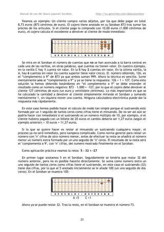 Manual de uso del ábaco japonés Soroban,                      http://es.geocities.com/abacosoroban

   Veamos un ejemplo: Un cliente compra varios objetos, por los que debe pagar en total
8,73 euros (873 céntimos de euro). El cajero tiene anotado en su Soroban 873 tras sumar los
precios de los artículos. Si el cliente paga lo comprado con 10,00 euros (1.000 céntimos de
euro), el cajero calcula el excedente a devolver al cliente de modo inmediato:




   Se mira en el Soroban el número de cuentas que no se han acercado a la barra central en
cada una de las varillas, en otras palabras, qué cuentas no tienen valor. En nuestro ejemplo,
en la varilla C hay 1 cuenta sin valor. En la B hay 2 cuentas sin valor. En la última varilla, la
A, hay 6 cuentas sin valor (la cuenta superior tiene valor cinco). El número obtenido, 126, es
el “complemento a 9” de 873 ya que ambos suman 999. Ahora la técnica es sencilla. Sume
mentalmente uno al “complemento a 9” y ya se tiene la respuesta: 126 + 1 = 127. Como esta
solución la hemos obtenido basándonos en “el complemento a 9” se debe entender el
resultado como un número negativo: 873 – 1.000 = -127, por lo que el cajero debe devolver al
cliente 127 céntimos de euro (un euro y veintisiete céntimos). Lo más importante es que se
ha calculado la cantidad a devolver al cliente simplemente mirando el Soroban y sumando
mentalmente 1, sin siquiera mover una cuenta. Ninguna calculadora electrónica puede dar la
respuesta más rápidamente.

   En este caso hemos podido hacer el cálculo de modo tan simple porque el sustraendo está
formado por un 1 seguido de tantos ceros como cifras tiene el minuendo. De no ser así aún se
podría hacer con inmediatez si el sustraendo es un número múltiplo de 10, por ejemplo, si el
cliente hubiera pagado con un billete de 20 euros el cambio debería ser 1,27 euros (según el
ejemplo anterior) + 10 euros = 11,27 euros.

   Si lo que se quiere hacer es restar al minuendo un sustraendo cualquiera mayor, el
proceso ya no será inmediato, pero tampoco complicado. Como norma general para restar un
número con "n" cifras de otro número menor, antes de efectuar la resta se añadirá al número
menor un número extra formado por un uno seguido de "n" ceros. El resultado de la resta será
el "complemento a 9", con "n" cifras, del numero mostrado finalmente en el Soroban.

  Como aplicación práctica veamos la resta: 5 - 32 = -27

   En primer lugar anotamos 5 en el Soroban. Seguidamente se tendría que restar 32 del
número anterior, pero no es posible hacerlo directamente. Se suma como número extra un
uno seguido de tantos ceros como cifras tiene el sustraendo, en este caso el sustraendo (32)
tiene dos cifras, por lo que al 5 anotado inicialmente se le añade 100 (un uno seguido de dos
ceros). En el Soroban se muestra 105:




                                            A +5        C +1

  Ahora ya se puede restar 32. Tras la resta, en el Soroban se muestra el número 73.



                                                   23
 