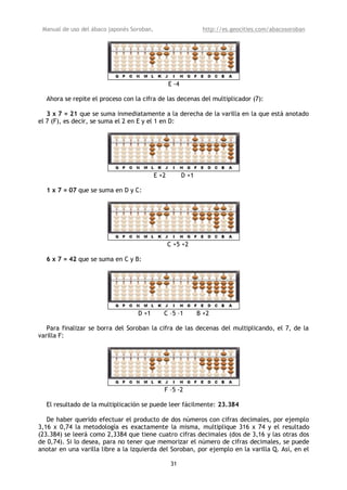 Manual de uso del ábaco japonés Soroban,                         http://es.geocities.com/abacosoroban




                                                   E -4

  Ahora se repite el proceso con la cifra de las decenas del multiplicador (7):

   3 x 7 = 21 que se suma inmediatamente a la derecha de la varilla en la que está anotado
el 7 (F), es decir, se suma el 2 en E y el 1 en D:




                                            E +2          D +1

  1 x 7 = 07 que se suma en D y C:




                                                   C +5 +2

  6 x 7 = 42 que se suma en C y B:




                                   D +1        C –5 –1           B +2

   Para finalizar se borra del Soroban la cifra de las decenas del multiplicando, el 7, de la
varilla F:




                                               F –5 -2

  El resultado de la multiplicación se puede leer fácilmente: 23.384

   De haber querido efectuar el producto de dos números con cifras decimales, por ejemplo
3,16 x 0,74 la metodología es exactamente la misma, multiplique 316 x 74 y el resultado
(23.384) se leerá como 2,3384 que tiene cuatro cifras decimales (dos de 3,16 y las otras dos
de 0,74). Si lo desea, para no tener que memorizar el número de cifras decimales, se puede
anotar en una varilla libre a la izquierda del Soroban, por ejemplo en la varilla Q. Así, en el

                                                    31
 