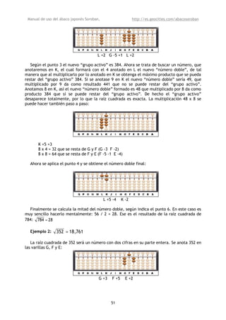 Manual de uso del ábaco japonés Soroban,                     http://es.geocities.com/abacosoroban




                                       L +2 G -5 +1 L +2

   Según el punto 3 el nuevo “grupo activo” es 384. Ahora se trata de buscar un número, que
anotaremos en K, el cual formará con el 4 anotado en L el nuevo “número doble”, de tal
manera que al multiplicarlo por lo anotado en K se obtenga el máximo producto que se pueda
restar del “grupo activo” 384. Si se anotase 9 en K el nuevo “número doble” sería 49, que
multiplicado por 9 da como resultado 441 que no se puede restar del “grupo activo”.
Anotamos 8 en K, así el nuevo “número doble” formado es 48 que multiplicado por 8 da como
producto 384 que sí se puede restar del “grupo activo”. De hecho el “grupo activo”
desaparece totalmente, por lo que la raíz cuadrada es exacta. La multiplicación 48 x 8 se
puede hacer también paso a paso:




      K +5 +3
      8 x 4 = 32 que se resta de G y F (G -3 F -2)
      8 x 8 = 64 que se resta de F y E (F -5 -1 E -4)

  Ahora se aplica el punto 4 y se obtiene el número doble final:




                                            L +5 -4    K -2

  Finalmente se calcula la mitad del número doble, según indica el punto 6. En este caso es
muy sencillo hacerlo mentalmente: 56 / 2 = 28. Ese es el resultado de la raíz cuadrada de
784: 784 = 28

  Ejemplo 2:    352 = 18,761

   La raíz cuadrada de 352 será un número con dos cifras en su parte entera. Se anota 352 en
las varillas G, F y E:




                                        G +3    F +5     E +2




                                                51
 