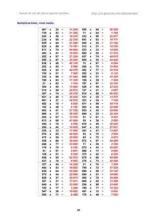 Manual de uso del ábaco japonés Soroban,                     http://es.geocities.com/abacosoroban


Multiplicaciones, nivel medio.

                   467    x      24   =   11 208    599   x      94   =    56 306
                   730    x      43   =   31 390     71   x      24   =     1 704
                   245    x      58   =   14 210    333   x      69   =    22 977
                   234    x      95   =   22 230    847   x      93   =    78 771
                   645    x      64   =   41 280    940   x      55   =    51 700
                   829    x      89   =   73 781    512   x      21   =    10 752
                   811    x      79   =   64 069    523   x      23   =    12 029
                   483    x      41   =   19 803    682   x      55   =    37 510
                   282    x      97   =   27 354    657   x      74   =    48 618
                   290    x      87   =   25 230    804   x      55   =    44 220
                   836    x      48   =   40 128     72   x      87   =     6 264
                   202    x      45   =    9 090    266   x      75   =    19 950
                   926    x      53   =   49 078    462   x      77   =    35 574
                   155    x      51   =    7 905    292   x      21   =     6 132
                   330    x      96   =   31 680    809   x      51   =    41 259
                   180    x      63   =   11 340    186   x      39   =     7 254
                   21     x      83   =    1 743    787   x      67   =    52 729
                   304    x      46   =   13 984    528   x      44   =    23 232
                   514    x      48   =   24 672    127   x      21   =     2 667
                   397    x      74   =   29 378    914   x      88   =    80 432
                   621    x      49   =   30 429    531   x      25   =    13 275
                   867    x      37   =   32 079    321   x      24   =     7 704
                   482    x      10   =    4 820    671   x      89   =    59 719
                   162    x      38   =    6 156    505   x      40   =    20 200
                   663    x      41   =   27 183    853   x      42   =    35 826
                   988    x      37   =   36 556    894   x      25   =    22 350
                   205    x      67   =   13 735     91   x      61   =     5 551
                   613    x      68   =   41 684     55   x      38   =     2 090
                   445    x      10   =    4 450    618   x      49   =    30 282
                   260    x      42   =   10 920    647   x      43   =    27 821
                   536    x      33   =   17 688    341   x      41   =    13 981
                   976    x      45   =   43 920     55   x      70   =     3 850
                   475    x      54   =   25 650     65   x      75   =     4 875
                   558    x      66   =   36 828    972   x      97   =    94 284
                   440    x      77   =   33 880     71   x      36   =     2 556
                   119    x      70   =    8 330    979   x      43   =    42 097
                   51     x      91   =    4 641    880   x      11   =     9 680
                   128    x      51   =    6 528    375   x      22   =     8 250
                   658    x      95   =   62 510    678   x      96   =    65 088
                   437    x      16   =    6 992    278   x      73   =    20 294
                   327    x      44   =   14 388     21   x      74   =     1 554
                   444    x      43   =   19 092    799   x      72   =    57 528
                   936    x      64   =   59 904    899   x      58   =    52 142
                   570    x      44   =   25 080    680   x      51   =    34 680
                   829    x      37   =   30 673    560   x      70   =    39 200
                   381    x      31   =   11 811    690   x      45   =    31 050
                   649    x      51   =   33 099    256   x      90   =    23 040
                   192    x      17   =    3 264    199   x      77   =    15 323
                   547    x      36   =   19 692    491   x      12   =     5 892
                   590    x      11   =    6 490    170   x      46   =     7 820




                                               88
 