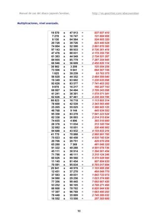 Manual de uso del ábaco japonés Soroban,             http://es.geocities.com/abacosoroban


Multiplicaciones, nivel avanzado.


                          19 570    x   47 913    =     937 657 410
                           7 278    x   16 747    =     121 884 666
                           8 130    x   64 564    =     524 905 320
                          20 728    x   39 726    =     823 440 528
                          74 004    x   52 590    =   3 891 870 360
                          97 143    x   89 933    =   8 736 361 419
                          47 476    x   88 031    =   4 179 359 756
                          61 383    x   44 549    =   2 734 551 267
                          84 955    x   85 779    =   7 287 354 945
                          66 946    x   36 609    =   2 450 826 114
                          38 982    x   3 208     =     125 054 256
                          73 506    x   9 041     =     664 567 746
                           1 625    x   39 239    =      63 763 375
                          56 020    x   44 352    =   2 484 599 040
                          19 349    x   63 602    =   1 230 635 098
                          92 626    x   83 577    =   7 741 403 202
                           9 879    x   16 217    =     160 207 743
                          68 067    x   54 494    =   3 709 243 098
                          41 241    x   38 301    =   1 579 571 541
                          62 826    x   67 461    =   4 238 304 786
                          66 623    x   16 718    =   1 113 803 314
                          78 600    x   42 539    =   3 343 565 400
                          25 205    x   55 025    =   1 386 905 125
                          48 768    x   9 144     =     445 934 592
                          95 358    x   83 278    =   7 941 223 524
                          82 338    x   26 893    =   2 214 315 834
                          74 655    x   4 896     =     365 510 880
                          28 376    x   11 034    =     313 100 784
                          32 882    x   10 051    =     330 496 982
                          94 688    x   43 932    =   4 159 833 216
                          41 770    x   70 888    =   2 960 991 760
                          75 023    x   60 458    =   4 535 740 534
                          20 706    x   20 751    =     429 670 206
                          65 280    x   7 369     =     481 048 320
                          91 322    x   49 288    =   4 501 078 736
                          45 111    x   30 914    =   1 394 561 454
                          71 786    x   46 111    =   3 310 124 246
                          60 026    x   89 560    =   5 375 928 560
                          11 145    x   81 454    =     907 804 830
                          70 591    x   95 834    =   6 765 017 894
                          26 941    x   40 978    =   1 103 988 298
                          12 451    x   37 270    =     464 048 770
                          37 583    x   49 031    =   1 842 732 073
                          34 980    x   29 256    =   1 023 374 880
                          77 356    x   99 445    =   7 692 667 420
                          53 252    x   90 105    =   4 798 271 460
                          86 668    x   78 702    =   6 820 944 936
                          17 397    x   96 769    =   1 683 490 293
                          78 448    x   35 009    =   2 746 386 032
                          16 552    x   15 550    =     257 383 600



                                             90
 