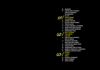 01
Introdução
Para que serve este manual?
Como está organizado?
Que abordagens?
Bullying,
direitos humanos
e discriminação...