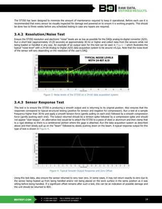 BDITEST.COM
+1.303.494.3230
+1.303.494.5027
P
F
740 S PIERCE AVE UNIT 15
LOUISVILLE CO 80027
14
The ST350 has been designed to minimize the amount of maintenance required to keep it operational. Before each use it is
recommended that every sensor be visually inspected for damage and powered on to ensure it is working properly. This should
be done two to three weeks before any scheduled testing in case any repairs are required.
3.4.2 Resolution/Noise Test
Ensure the ST350 resolution and electronic “noise” levels are as low as possible for the DAQs analog-to-digital convertor (A/D).
Run a short test (approximately 15-20 seconds) at approximately 30 Hz or higher and collect data from the sensors while not
being loaded or handled in any way. An example of an output seen for this test can be seen in Figure 3 which illustrates the
typical “noise level” with a 24-bit Analog to Digital (A/D) data acquisition system to be around ±0.2με. Note that the noise level
of the sensor will vary depending on the resolution of the user’s DAQ.
Figure 3: Noise levels of the ST350 on a 24-bit data acquisition system
3.4.3 Sensor Response Test
This test is to ensure the ST350 is producing a smooth output and is returning to its original position. Also ensures that the
responses correspond to typical structural testing (positive for tension and negative for compression). Run a test at a sample
frequency higher than 30 Hz and apply a smooth tension force (gently pulling on each end) followed by a smooth compression
force (gently pushing each end). The output returned should be a tension spike followed by a compression spike and should
not appear “stair-steppy”. An alternative test would be to attach the ST350 to a piece of steel or aluminum and then clamp that
to a rigid desktop so there is a cantilevered portion where the gage is attached. Run the data acquisition system as described
above and then slowly pull up on the “beam” followed by slowly pushing down on the beam. A typical response output for this
type of test is shown in Figure 4.
Figure 4: Typical Smooth Output Response and Zero Offset
Using this test data, also ensure the sensor returned to very near zero. In some cases, it may not return exactly to zero due to
the sensor being heated up from being handled and/or not being placed on the work surface in the same position as it was
sitting before being handled. If a significant offset remains after such a test, this can be an indication of possible damage and
the unit should be returned to BDI.
TYPICAL NOISE LEVELS
WITH 24-BIT A/D
 