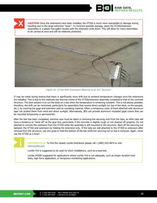 BDITEST.COM
+1.303.494.3230
+1.303.494.5027
P
F
740 S PIERCE AVE UNIT 15
LOUISVILLE CO 80027
28
Figure 20: ST350 With Extensions Attached to an R/C Structure
It may be noted during testing that there is significantly more drift due to ambient temperature changes once the extensions
are installed. This is due to the relatively low thermal inertia of the ST350/extension assembly compared to that of the concrete
structure. The best solution is to run the tests on a day when the temperature is remaining constant. This is not always possible;
therefore, the drift can be minimized, particularly for assemblies that receive direct sunlight (on top of the deck, on the parapet,
etc.), by covering the gage and extension with an insulating material. Often, a temporary cover of foam attached with aluminum
tape can protect them from wind and direct sunlight. Alternatively, BDI can provide aluminum insulated gage covers that can
be mounted temporarily or permanently.
After the test has been completed, extreme care must be taken in removing the securing nuts from the tabs, as often tabs will
have a tendency to “twist off” at the glue line, particularly if the concrete is slightly rough or not cleaned off properly. Do not
attempt to remove the extension from the ST350 while the assembly is still mounted to the structure. Back off the securing nut
between the ST350 and extension by holding the extension only. If the tabs are still attached to the ST350 or extension after
removal from the structure, use vice grips to hold the bottom of the tab while the securing nut on top is removed. Again, never
use the ST350 as a lever!
CAUTION! Once the extensions have been installed, the ST350 is much more susceptible to damage during
handling due to the large extension “lever”. To minimize possible damage, place the ST350/extension
assemblies in a plastic five-gallon bucket with the extension ends down. This will allow for many assemblies
to be carried at once and still be relatively protected.
INFORMATION: To find the closest Loctite Distributor please call 1 (800) 243-4874 or visit
www.loctite.com
Loctite 410 is suggested to be used for short installations, such as a load test.
Loctite H4500 suggested for applications where Loctite 410 is not adequate, such as longer duration load
tests, high force application, or temporary monitoring applications.
 