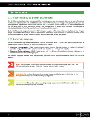 Doc. 201511 | Rev. A
OPERATIONS MANUAL: ST350 STRAIN TRANSDUCER
7
1. INTRODUCTION
1.1 ABOUT THE ST350 STRAIN TRANSDUCER
The ST350 strain transducers have been designed for recording dynamic and other induced strains on all types of structural
members and to be compatible with most data acquisition systems. While mostly used in rugged field applications, they are also
suitable for many laboratory and manufacturing scenarios. The ST350 internal circuitry consists of a full Wheatstone Bridge with
four fully-active 350Ω foil gages optimized to provide a high electrical output for a given strain magnitude. Each transducer is
individually calibrated with a highly-accurate, N.I.S.T.-traceable calibration system.
Each unit is fully sealed, designed to exceed the IP67 rating, and equipped with two pre-drilled mounting holes to keep the gage
lengths consistent for all installations. Based on the structure’s material and length of time the ST350 is to be installed, various
mounting techniques can be used including adhesives, welding, expandable anchors, and screws.
1.2 ABOUT THIS MANUAL
This is a comprehensive document that explains the functions and features of the ST350. BDI also manufactures two types of
data acquisition systems, which will be referenced throughout the manual.
1. Structural Testing System (STS): Rugged, wireless, battery powered DAQ that includes an intelligent (Intelliducer)
connector design, which makes the system extremely easy to deploy on a variety of field projects.
2. Structural Monitoring System (SMS): Modular system with 4- or 16-channel nodes that can be used in laboratories or
on permanent large scales monitoring projects.
The following highlighted message blocks will periodically appear and contain important information that the user should be
aware of.
STOP: This symbol and corresponding message represents information regarding the device that if not
followed could lead to damaging the device! Pay close attention to this message.
WARNING: This symbol and corresponding message represents vital information and is critical for the
device operation and/or the operational settings/configuration.
INFORMATION: This symbol and corresponding message represents general information and/or tips on
successfully operating/configuring the device.
 