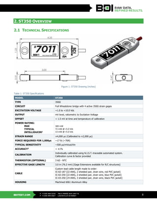 BDITEST.COM
+1.303.494.3230
+1.303.494.5027
P
F
740 S PIERCE AVE UNIT 15
LOUISVILLE CO 80027
8
2. ST350 OVERVIEW
2.1 TECHNICAL SPECIFICATIONS
Figure 1: ST350 Drawing (inches)
Table 1: ST350 Specifications
MODEL ST350
TYPE 350Ω
CIRCUIT Full Wheatstone bridge with 4 active 350Ω strain gages
EXCITATION VOLTAGE +1.0 to +10.0 Vdc
OUTPUT mV level, ratiometric to Excitation Voltage
OFFSET < 1.5 mV at time and temperature of calibration
POWER RATING:
MAX
TYPICAL
INTELLIDUCER1
300 mW
72 mW @ +5.0 Vdc
13 mW @ +5.0 Vdc
STRAIN RANGE ±4,000 µε (Calibrated to ±2,000 µε)
FORCE REQUIRED FOR 1,000µε ~17 lb (~76N)
TYPICAL SENSITIVITY ~500 με/mVout/Vin
ACCURACY2
< ±1%
CALIBRATION
Individually calibrated using N.I.S.T.-traceable automated system.
Calibration curve & factor provided
THERMISTOR (OPTIONAL) 3 kΩ - NTC
EFFECTIVE GAGE LENGTH 3.0 in (76.2 mm) [Gage Extensions available for R/C structures]
CABLE
Custom lead cable length made to order:
IC-02-187 [22 AWG, 2 shielded pair, drain wire, red PVC jacket]
IC-02-250 [22 AWG, 2 shielded pair, drain wire, blue PVC jacket]
IC-03-250 [24 AWG, 3 shielded pair, drain wire, black PVC jacket]
HOUSING Machined 6061 Aluminum Alloy
 