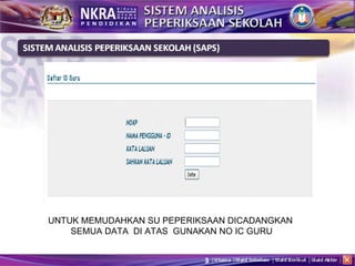 UNTUK MEMUDAHKAN SU PEPERIKSAAN DICADANGKAN  SEMUA DATA  DI ATAS  GUNAKAN NO IC GURU 