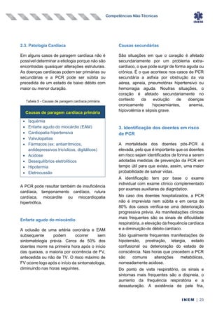 Competências Não Técnicas
INEM | 23
2.3. Patologia Cardíaca
Em alguns casos de paragem cardíaca não é
possível determinar a etiologia porque não são
encontradas quaisquer alterações estruturais.
As doenças cardíacas podem ser primárias ou
secundárias e a PCR pode ser súbita ou
precedida de um estado de baixo débito com
maior ou menor duração.
Tabela 5 - Causas de paragem cardíaca primária
Causas de paragem cardíaca primária
• Isquémia
• Enfarte agudo do miocárdio (EAM)
• Cardiopatia hipertensiva
• Valvulopatias
• Fármacos (ex: antiarrítmicos,
antidepressivos tricíclicos, digitálicos)
• Acidose
• Desequilíbrios eletrolíticos
• Hipotermia
• Eletrocussão
A PCR pode resultar também de insuficiência
cardíaca, tamponamento cardíaco, rutura
cardíaca, miocardite ou miocardiopatia
hipertrófica.
Enfarte agudo do miocárdio
A oclusão de uma artéria coronária e EAM
subsequente podem ocorrer sem
sintomatologia prévia. Cerca de 50% dos
doentes morre na primeira hora após o início
das queixas, a maioria por ocorrência de FV,
antecedida ou não de TV. O risco máximo de
FV ocorre logo após o início da sintomatologia,
diminuindo nas horas seguintes.
Causas secundárias
São situações em que o coração é afetado
secundariamente por um problema extra-
cardíaco, o que pode surgir de forma aguda ou
crónica. É o que acontece nos casos de PCR
secundária a asfixia por obstrução da via
aérea, apneia, pneumotórax hipertensivo ou
hemorragia aguda. Noutras situações, o
coração é afetado secundariamente no
contexto da evolução de doenças
cronicamente hipoxemiantes, anemia,
hipovolémia e sépsis grave.
3. Identificação dos doentes em risco
de PCR
A mortalidade dos doentes pós-PCR é
elevada, pelo que é importante que os doentes
em risco sejam identificados de forma a serem
adotadas medidas de prevenção da PCR em
tempo útil para que exista, assim, uma maior
probabilidade de salvar vidas.
A identificação tem por base o exame
individual com exame clínico complementado
por exames auxiliares de diagnóstico.
No caso dos doentes hospitalizados, a PCR
não é imprevista nem súbita e em cerca de
80% dos casos verifica-se uma deterioração
progressiva prévia. As manifestações clínicas
mais frequentes são os sinais de dificuldade
respiratória, a elevação da frequência cardíaca
e a diminuição do débito cardíaco.
São igualmente frequentes manifestações de
hipotensão, prostração, letargia, estado
confusional ou deterioração do estado de
consciência. Nas horas que precedem a PCR
são comuns alterações metabólicas,
nomeadamente acidose.
Do ponto de vista respiratório, os sinais e
sintomas mais frequentes são a dispneia, o
aumento da frequência respiratória e a
dessaturação. A existência de pele fria,
 