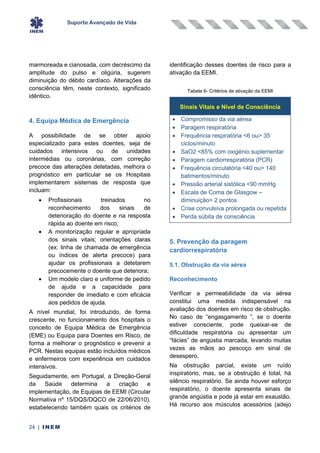Suporte Avançado de Vida
24 | INEM
marmoreada e cianosada, com decréscimo da
amplitude do pulso e oligúria, sugerem
diminuição do débito cardíaco. Alterações da
consciência têm, neste contexto, significado
idêntico.
4. Equipa Médica de Emergência
A possibilidade de se obter apoio
especializado para estes doentes, seja de
cuidados intensivos ou de unidades
intermédias ou coronárias, com correção
precoce das alterações detetadas, melhora o
prognóstico em particular se os Hospitais
implementarem sistemas de resposta que
incluam:
• Profissionais treinados no
reconhecimento dos sinais de
deterioração do doente e na resposta
rápida ao doente em risco;
• A monitorização regular e apropriada
dos sinais vitais; orientações claras
(ex: linha de chamada de emergência
ou índices de alerta precoce) para
ajudar os profissionais a detetarem
precocemente o doente que deteriora;
• Um modelo claro e uniforme de pedido
de ajuda e a capacidade para
responder de imediato e com eficácia
aos pedidos de ajuda.
A nível mundial, foi introduzido, de forma
crescente, no funcionamento dos hospitais o
conceito de Equipa Médica de Emergência
(EME) ou Equipa para Doentes em Risco, de
forma a melhorar o prognóstico e prevenir a
PCR. Nestas equipas estão incluídos médicos
e enfermeiros com experiência em cuidados
intensivos.
Seguidamente, em Portugal, a Direção-Geral
da Saúde determina a criação e
implementação, de Equipas de EEMI (Circular
Normativa nº 15/DQS/DQCO de 22/06/2010),
estabelecendo também quais os critérios de
identificação desses doentes de risco para a
ativação da EEMI.
Tabela 6- Critérios de ativação da EEMI
Sinais Vitais e Nível de Consciência
• Compromisso da via aérea
• Paragem respiratória
• Frequência respiratória <6 ou> 35
ciclos/minuto
• SaO2 <85% com oxigénio suplementar
• Paragem cardiorrespiratória (PCR)
• Frequência circulatória <40 ou> 140
batimentos/minuto
• Pressão arterial sistólica <90 mmHg
• Escala de Coma de Glasgow –
diminuição> 2 pontos
• Crise convulsiva prolongada ou repetida
• Perda súbita de consciência
5. Prevenção da paragem
cardiorrespiratória
5.1. Obstrução da via aérea
Reconhecimento
Verificar a permeabilidade da via aérea
constitui uma medida indispensável na
avaliação dos doentes em risco de obstrução.
No caso de “engasgamento ‟, se o doente
estiver consciente, pode queixar-se de
dificuldade respiratória ou apresentar um
“fácies” de angústia marcada, levando muitas
vezes as mãos ao pescoço em sinal de
desespero.
Na obstrução parcial, existe um ruído
inspiratório, mas, se a obstrução é total, há
silêncio respiratório. Se ainda houver esforço
respiratório, o doente apresenta sinais de
grande angústia e pode já estar em exaustão.
Há recurso aos músculos acessórios (adejo
 