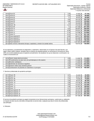 ASESORIA Y SERVICIOS AYC S.A.S
NIT 900951894-2
Bogota-Colombia
DECRETO 2423 DE 2006 - ACTUALIZADO 2019 Cursos
Diplomados facturacion cuentas medicas
Diplomados Auditoria y Glosas
Diplomado Referencia y Admisiones
Y muchos mas servicios...
39100 Grupo 02 2,09 57.692 57.700$
39101 Grupo 03 2,53 69.838 69.800$
39102 Grupo 04 3,1 85.572 85.600$
39103 Grupo 05 3,83 105.723 105.700$
39104 Grupo 06 4,56 125.874 125.900$
39105 Grupo 07 5,3 146.300 146.300$
39106 Grupo 08 6,17 170.316 170.300$
39107 Grupo 09 7,3 201.508 201.500$
39108 Grupo 10 9,02 248.987 249.000$
39109 Grupo 11 10,08 278.247 278.200$
39110 Grupo 12 11,44 315.788 315.800$
39111 Grupo 13 12,72 351.121 351.100$
39112 Grupo especial 20 14,85 409.917 409.900$
39113 Grupo especial 21 20,12 555.390 555.400$
39114 Grupo especial 22 26,82 740.336 740.300$
39115 Grupo especial 23 37,95 1.047.567 1.047.600$
39116 Parto normal o intervenido (forceps o espátulas) y revisión de cavidad uterina 4,96 136.915 136.900$
39150 Sesión terapia electroconvulsiva 4,09 112.900 112.900$
39151 Procedimientos de salud oral y de quimioterapia en niño (sesión) 4,09 112.900 112.900$
39152 Estudios radiológicos 4,09 112.900 112.900$
39153 Exámenes de resonancia magnética 8,45 233.253 233.300$
39154 Examen médico bajo anestesia general 4,09 112.900 112.900$
39155 Cardioversión de pacientes en tratamiento no quirúrgico 3,93 108.483 108.500$
3 Servicios profesionales de ayudantía quirúrgica:
39117 Grupo 06 2,01 55.484 55.500$
39118 Grupo 07 2,37 65.421 65.400$
39119 Grupo 08 2,74 75.635 75.600$
39120 Grupo 09 3,49 96.337 96.300$
39121 Grupo 10 4,28 118.145 118.100$
39122 Grupo 11 4,83 133.327 133.300$
39123 Grupo 12 5,36 147.957 148.000$
39124 Grupo 13 6,17 170.316 170.300$
39125 Grupo especial 20 6,94 191.571 191.600$
39126 Grupo especial 21 9,03 249.263 249.300$
39127 Grupo especial 22 10,55 291.221 291.200$
39128 Grupo especial 23 16,57 457.396 457.400$
b. Perfusión:
En los exámenes y procedimientos de diagnóstico y tratamiento, relacionados en el Capítulo II de este Decreto, que
según criterio médico tratante, necesiten para su práctica de anestesia general, se reconocerá el cincuenta por ciento
(50%) de la tarifa establecida para el respectivo procedimiento. Se exceptúan los que se relacionan a continuación, los
cuales se reconocerán así:
El servicio de ayudantía quirúrgica se pagará únicamente en las intervenciones quirúrgicas, cuando para su realización
se requiera de este recurso; las tarifas corresponden al servicio total, cualquiera que sea el número de profesionales
que participen.
21 de Diciembre de 2018
www.asesoriayserviciosayc.com
contacto@asesoriayserviciosayc.com
Cel Whatsapp 3133723524 112
 