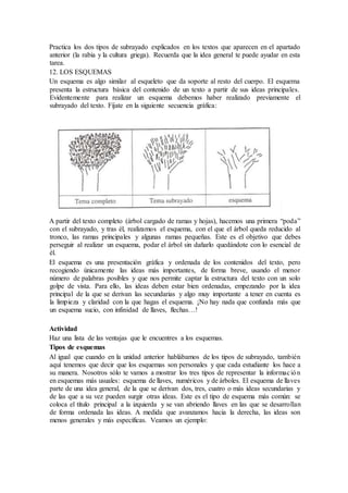 Practica los dos tipos de subrayado explicados en los textos que aparecen en el apartado
anterior (la rabia y la cultura griega). Recuerda que la idea general te puede ayudar en esta
tarea.
12. LOS ESQUEMAS
Un esquema es algo similar al esqueleto que da soporte al resto del cuerpo. El esquema
presenta la estructura básica del contenido de un texto a partir de sus ideas principales.
Evidentemente para realizar un esquema debemos haber realizado previamente el
subrayado del texto. Fíjate en la siguiente secuencia gráfica:
A partir del texto completo (árbol cargado de ramas y hojas), hacemos una primera “poda”
con el subrayado, y tras él, realizamos el esquema, con el que el árbol queda reducido al
tronco, las ramas principales y algunas ramas pequeñas. Este es el objetivo que debes
perseguir al realizar un esquema, podar el árbol sin dañarlo quedándote con lo esencial de
él.
El esquema es una presentación gráfica y ordenada de los contenidos del texto, pero
recogiendo únicamente las ideas más importantes, de forma breve, usando el menor
número de palabras posibles y que nos permite captar la estructura del texto con un solo
golpe de vista. Para ello, las ideas deben estar bien ordenadas, empezando por la idea
principal de la que se derivan las secundarias y algo muy importante a tener en cuenta es
la limpieza y claridad con la que hagas el esquema. ¡No hay nada que confunda más que
un esquema sucio, con infinidad de llaves, flechas…!
Actividad
Haz una lista de las ventajas que le encuentres a los esquemas.
Tipos de esquemas
Al igual que cuando en la unidad anterior hablábamos de los tipos de subrayado, también
aquí tenemos que decir que los esquemas son personales y que cada estudiante los hace a
su manera. Nosotros sólo te vamos a mostrar los tres tipos de representar la información
en esquemas más usuales: esquema de llaves, numéricos y de árboles. El esquema de llaves
parte de una idea general, de la que se derivan dos, tres, cuatro o más ideas secundarias y
de las que a su vez pueden surgir otras ideas. Este es el tipo de esquema más común: se
coloca el título principal a la izquierda y se van abriendo llaves en las que se desarrollan
de forma ordenada las ideas. A medida que avanzamos hacia la derecha, las ideas son
menos generales y más específicas. Veamos un ejemplo:
 