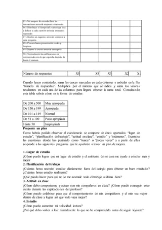 45.- Me aseguro de entender bien las
instrucciones antes de empezar a responder.
46.- Distribuyo el tiempo del examen que voy
a dedicar a cada cuestión antes de empezar a
responder.
47.- Realizo un esquema antes de contestar a
cada pregunta.
48.- Procuro buena presentación: orden y
limpieza.
49.- Repaso lo escrito antes de entregarlo.
50.- Normalmente las calificaciones se
corresponden con lo que esperaba después de
hacer el examen.
Número de respuestas X5 X4 X3 X2 X1
Cuando hayas contestado, suma las cruces marcadas en cada columna y anótalas en la fila
“número de respuestas”. Multiplica por el número que se indica y suma los valores
resultantes en cada una de las columnas para llegara obtener la suma total. Consultando
esta tabla sabrás cómo es tu forma de estudiar:
De 200 a 500 Muy apropiada
De 150 a 199 Apropiada
De 101 a 149 Normal
De 51 a 100 Poco apropiada
Hasta 50 Inapropiada
Proponte un plan
Como habrás podido observar el cuestionario se compone de cinco apartados: “lugar de
estudio”, “planificación del trabajo”, “actitud en clase”, “estudio” y “exámenes”. Examina
las cuestiones donde has puntuado como “nunca” o “pocas veces” y a partir de ellas
responde a las siguientes preguntas que te ayudarán a trazar un plan de mejora.
1. Lugar de estudio
¿Cómo puedo lograr que mi lugar de estudio y el ambiente de mi casa me ayude a estudiar más y
mejor
2. Planificación del trabajo
¿Cuántas horas necesito estudiar diariamente fuera del colegio para obtener un buen resultado?
¿Cuántas horas estudio realmente?
¿Qué puedo hacer para que no se me acumule todo el trabajo a última hora?
3. Actitud en clase
¿Cómo debo comportarme y actuar con mis compañeros en clase? ¿Cómo puedo conseguir estar
atento durante las explicaciones del profesor?
¿Cómo puedo colaborar para que el comportamiento de mis compañeros y el mío sea mejor
dentro de clase y lograr así que todo vaya mejor?
4. Estudio
¿Cómo puedo aumentar mi velocidad lectora?
¿Por qué debo volver a leer mentalmente lo que no he comprendido antes de seguir leyendo?
 