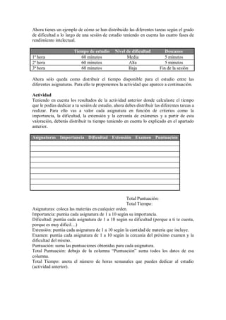 Ahora tienes un ejemplo de cómo se han distribuido las diferentes tareas según el grado
de dificultad a lo largo de una sesión de estudio teniendo en cuenta las cuatro fases de
rendimiento intelectual.
Tiempo de estudio Nivel de dificultad Descanso
1ª hora 60 minutos Media 5 minutos
2ª hora 60 minutos Alta 5 minutos
3ª hora 60 minutos Baja Fin de la sesión
Ahora sólo queda como distribuir el tiempo disponible para el estudio entre las
diferentes asignaturas. Para ello te proponemos la actividad que aparece a continuación.
Actividad
Teniendo en cuenta los resultados de la actividad anterior donde calculaste el tiempo
que le podías dedicar a tu sesión de estudio, ahora debes distribuir las diferentes tareas a
realizar. Para ello vas a valor cada asignatura en función de criterios como la
importancia, la dificultad, la extensión y la cercanía de exámenes y a partir de esta
valoración, deberás distribuir tu tiempo teniendo en cuenta lo explicado en el apartado
anterior.
Asignaturas Importancia Dificultad Extensión Examen Puntuación
Total Puntuación:
Total Tiempo:
Asignaturas: coloca las materias en cualquier orden.
Importancia: puntúa cada asignatura de 1 a 10 según su importancia.
Dificultad: puntúa cada asignatura de 1 a 10 según su dificultad (porque a ti te cuesta,
porque es muy difícil…)
Extensión: puntúa cada asignatura de 1 a 10 según la cantidad de materia que incluye.
Examen: puntúa cada asignatura de 1 a 10 según la cercanía del próximo examen y la
dificultad del mismo.
Puntuación: suma las puntuaciones obtenidas para cada asignatura.
Total Puntuación: debajo de la columna “Puntuación” suma todos los datos de esa
columna.
Total Tiempo: anota el número de horas semanales que puedes dedicar al estudio
(actividad anterior).
 