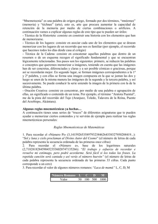 “Mnemotecnia” es una palabra de origen griego, formado por dos términos, “mnéemee”
(memoria) y “téchnee” (arte), esto es, arte que procura aumentar la capacidad de
retención de la memoria por medio de ciertas combinaciones o artificios. A
continuación vamos a explicar algunas reglas de este tipo que te pueden ser útiles:
- Técnica de la Historieta: consiste en construir una historia con los elementos que han
de memorizarse.
- Técnica de los lugares: consiste en asociar cada uno de los elementos que se desean
memorizar con los lugares de un recorrido que nos es familiar (por ejemplo, el recorrido
que hacemos todos los días desde casa al colegio)
- Técnica de la Cadena: consiste en concatenar aquellas palabras que dentro de un
resumen o de un esquema recogen el significado fundamental y que se encuentran
lógicamente relacionadas. Sus pasos son los siguientes: primero, se reducen las palabras
o conceptos que queremos memorizar a imágenes, teniendo en cuenta que las imágenes
han de ser concretas, diferenciadas y claras y a ser posible cómicas o graciosas, porque
así se recordarán mejor. En segundo lugar, se forman imágenes correspondientes a la 1ª
y 2ª palabra, y con ellas se forma una imagen compuesta en la que se juntan las dos y
luego se unen de la misma manera las imágenes de la segunda y la tercera palabra, y así
sucesivamente. Se puede conducir la serie uniendo la imagen de la primera con la de la
última palabra.
- Oración Creativa: consiste en concentrar, por medio de una palabra o agrupación de
ellas, un significado o contenido de un tema. Por ejemplo, el término “Aratota Puental”,
me da la pista del recorrido del Tajo (Aranjuez, Toledo, Talavera de la Reina, Puente
del Arzobispo, Alcántara).
Algunas reglas mnemotécnicas ya hechas…
A continuación tienes unas series de “trucos” de diferentes asignaturas que te pueden
ayudar a memorizar ciertos contenidos y te servirán de ejemplo para realizar tus reglas
mnemotécnicas personales:
Reglas Mnemotécnicas de Matemáticas
1. Para recordar el «Número Pi» (3,14159265358979323846264338327950288419...):
“Sol y luna y cielo proclaman al Divino Autor del Cosmo” (el número de letras de cada
palabra representa la secuencia ordenada de las primeras once cifras)
2. Para recordar el «Número e», base de los logaritmos naturales
(2,71828182845904523536028747135266): “El trabajo y esfuerzo de recordar e
revuelve mi estómago, pero podré acordarme. Será fácil si leo todas las frases. La
repetida canción será cantada y así verás el número huevón” (el número de letras de
cada palabra representa la secuencia ordenada de las primeras 33 cifras. Cada punto
corresponde a un cero)
3. Para recordar el valor de algunos números romanos: “Laca de mamá” L, C, D, M
Número Romano L C D M
Valor 50 100 500 1000
 