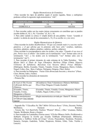 Reglas Mnemotécnicas de Gramática
1.Para recordar los tipos de palabras según el acento (agudas, llanas y esdrújulas)
podemos utilizar la siguiente regla nemotécnica: “ella”.
ANTEPENÚLTIMA PENÚLTIMA ÚLTIMA
E LL A
ESDRÚJULA LLANA AGUDA
2. Para recordar cuáles son las cuatro únicas consonantes en castellano que se pueden
escribir dobles (C, R, L, N): “Carolina” (C, R, L, N)
3. Para saber cuándo se coloca /r/ simple dentro de una palabra: “Lunes “(cuando el
sonido r va detrás de una de las consonantes L, N y S se escribe «r» y no «rr»).
Reglas Mnemotécnicas de Química
1.Para recordar los ácidos dicarboxílicos: “El que oxa estando malo ir a succina vuelve
glutárico, y el que adivina que la pimienta sube hace sebo” (oxálico, malónico,
succínico, glutárico, adípico, pimélico, subérico, acélico, sebácico).
2.Para recordar la correspondencia entre los ácidos y las sales: “Cuando el oso toca el
pito, Perico toca el silbato” (los ácidos con la terminación “-oso” forman sales con la
terminación “-ito”, y los ácidos con la terminación “-ico” forman sales con la
terminación “-ato”).
3. Para recordar el primer elemento de cada columna de la Tabla Periódica: “Hoy
BEnito SaCó el TItulo de Vago CRomático MieNtras FElipe COmía NIsperos
CUbiertos de ZaNahoria. Barcelona Con Navarra Ofrece Fresas HEladas”
(Hidrógeno, Berilio, Escandio, Titanio, Vanadio, Cromo. Manganeso, Hierro, Cobalto,
Niquel, Cobre, Zinc, Boro, Carbono, Nitrógeno, Oxígeno, Flúor, Helio).
4. Para recordar los Halógenos: “Fuiste Clara Bronceada Inocente y Atractiva” (Fluor,
Cloro, Bromo, Iodo y Astato).
5. Para recordar los elementos de transición:
- Primera fila:
Se Cayó el TIto Vicente
CoRriendo MeNos que
FEderico.
eSCandinavia TIene Voluminosos CRáteres MuNdiales
FEos COmo NInguno CUando ZumbaN.
(Escandio, Titanio,
Vanadio, Cromo,
Manganeso y Hierro)
(Escandio, Titanio, Vanadio, Cromo, Manganeso, Hierro,
Cobalto, Níquel, Cobre y Cinc)
(Regla mnemotécnica
enviada por José Antonio
García)
(Regla mnemotécnica enviada por Daniel P. Morán)
- Segunda fila: “Y ZacaRias No "Bió" MOrir TéCnicos Rusos” (Ytrio, Zirconio; Niobio,
Molibdeno, Tecnecio y Rutenio).
- Tercera fila: “LA HuérFaNa TAmbien "Womitó" REnos y OSos” (Lantano, Hafnio,
Tántalo, Wolframio; Renio y Osmio).
6. Para recordar los Lantánidos (Tierras raras): “CEcilia PRimero NaDo, ProMetiendo a
SuMadre EUgenia la GorDa que Gozaba TuMbada DYsfrutando, HOloturias,
ERmitaños y TaMbien YerBa del LUgar” (Cerio, Praseodimio, Neodimio, Prometio,
Samario, Europio, Gadolinio, Terbio, Dysprosio, Holmio, Erbio, Tulio, Yterbio y
Lutecio).
 