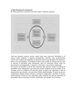 ¿Cómo funcionan las emociones?
De forma general las emociones funcionan según el siguiente esquema:
Ante una situación concreta, nuestro cuerpo emite unas reacciones fisiológicas y en
nuestra mente empiezan a aparecer pensamientos concretos, para posteriormente
realizar una conducta que responda a la situación concreta que dio lugar a las reacciones
físicas y los pensamientos. El problema reside en que cuando la situación que provoca
la emoción es percibida como amenazante, tanto las reacciones físicas como los
pensamientos son inapropiados y negativos y dan lugar a una conducta inadecuada.
En concreto, la ansiedad es una de esas emociones que sentimos cuando la situación la
percibimos como amenazante y que hacen que nuestra conducta no sea la correcta. En la
ansiedad, como en cualquier otra emoción, juega un papel muy importante el tipo de
pensamientos que tenemos y las reacciones físicas experimentadas. El modo en que nos
comportamos cuando estamos ansiosos a menudo es inadecuado e interfiere en nuestro
funcionamiento normal. Es muy importante saber controlar este tipo de emociones ya
que pueden afectar seriamente a nuestro rendimiento, por ejemplo, en un examen.
 