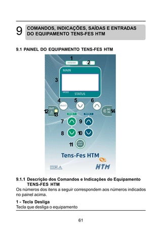 61
COMANDOS, INDICAÇÕES, SAÍDAS E ENTRADAS
DO EQUIPAMENTO TENS-FES HTM
9.1 PAINEL DO EQUIPAMENTO TENS-FES HTM
9.1.1 Descrição dos Comandos e Indicações do Equipamento
TENS-FES HTM
Os números dos itens a seguir correspondem aos números indicados
no painel acima.
1 - Tecla Desliga
Tecla que desliga o equipamento
9
1
3
4 5 6
7 9
10
11
8
12
13
14
2
 