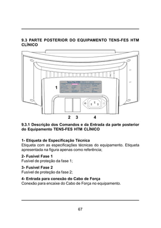 67
9.3 PARTE POSTERIOR DO EQUIPAMENTO TENS-FES HTM
CLÍNICO
TENS-FES HTM CLÍNICO
FU SÍVEL................ : BUR ST...... ....... .......:
TIPO CO RR ENT E.. ...:80212480001
50VA 50 a 800 µs
50/60 Hz 1 a 200 Hz
2 3 4
9.3.1 Descrição dos Comandos e da Entrada da parte posterior
do Equipamento TENS-FES HTM CLÍNICO
1- Etiqueta de Especificação Técnica
Etiqueta com as especificações técnicas do equipamento. Etiqueta
apresentada na figura apenas como referência;
2- Fusível Fase 1
Fusível de proteção da fase 1;
3- Fusível Fase 2
Fusível de proteção da fase 2;
4- Entrada para conexão do Cabo de Força
Conexão para encaixe do Cabo de Força no equipamento.
1
 