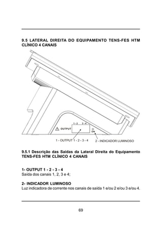 69
9.5 LATERAL DIREITA DO EQUIPAMENTO TENS-FES HTM
CLÍNICO 4 CANAIS
9.5.1 Descrição das Saídas da Lateral Direita do Equipamento
TENS-FES HTM CLÍNICO 4 CANAIS
1- OUTPUT 1 - 2 - 3 - 4
Saída dos canais 1, 2, 3 e 4;
2- INDICADOR LUMINOSO
Luz indicadora de corrente nos canais de saída 1 e/ou 2 e/ou 3 e/ou 4.
1 - OUTPUT 1 - 2 - 3 - 4 2 - INDICADOR LUMINOSO
OUTPUT
3 - 4
ON
1 - 2
 