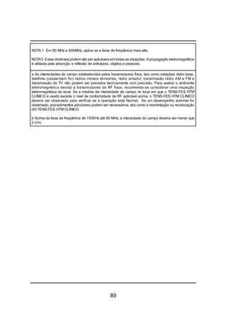 89
NOTA 1 Em 80 MHz e 800MHz, aplica se a faixa de freqüência mais alta.
NOTA2 Estas diretrizes podemnão ser aplicáveis emtodas as situações. Apropagação eletromagnética
é afetada pela absorção e reflexão de estruturas, objetos e pessoas.
a As intensidades de campo estabelecidas pelos transmissores fixos, tais como estações rádio base,
telefone (celular/sem fio) rádios móveis terrestres, rádio amador, transmissão rádio AM e FM e
transmissão de TV não podem ser previstos teoricamente com precisão. Para avaliar o ambiente
eletromagnético devido a transmissores de RF fixos, recomenda-se considerar uma inspeção
eletromagnética do local. Se a medida da intensidade de campo no local em que o TENS-FES HTM
CLÍNICO é usado excede o nível de conformidade de RF aplicável acima, o TENS-FES HTM CLÍNICO
deveria ser observado para verificar se a operação está Normal. Se um desempenho anormal for
observado, procedimentos adicionais podem ser necessários, tais como a reorientação ou recolocação
dO TENS-FES HTM CLÍNICO.
b Acima da faixa de freqüência de 150KHz até 80 MHz, a intensidade do campo deveria ser menor que
3 V/m.
 