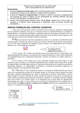 “Cada vez que F aparezca sola o en primer lugar,
debe ir acompañada de una calidad formal”.
Interpretación:
• Cuando F aparece en primer lugar junto a otra letra significa que lo racional ha predominado,
controlando el impulso, se ha impuesto “lo objetivo sobre lo subjetivo”.
• Cuando la F aparece en segundo lugar: el impulso, el afecto, la emoción, la subjetividad se
han impuesto por sobre lo objetivo, se han sobrepasado los controles YOICOS, Hay bajo
control. El control está en un segundo plano.
• Cuando otros determinantes aparecen solos, sin la forma, significa que no hay control, lo
impulsivo y lo afectivo hacen desaparecer la objetividad, surge el proceso primario del
inconsciente.
INDICES FORMALES DEL CONTROL COGNITIVO
Como no es solo necesario conocer la presencia de los procesos cognitivos( representados
por las respuestas formales), sino que, es necesario conocer su adecuación lógica, su calidad, su
independencia y su eficiencia controladora y reguladora sobre los otros procesos mentales. Por esto,
a partir de ello, es posible calcular cuatro índices que darán cuenta de dicho control cognitivo y de
la interpretación correcta de la realidad, siendo los siguientes:
F %: da cuenta de los intentos (cantidad de control, no se considera la calidad formal) de
control cognitivo racional que aplica el sujeto, por sobre la intromisión de factores inconscientes,
con el fin de lograr interpretar la realidad en forma correcta, con independencia de los afectos,
impulsos, etc. Y su formula es la siguiente:
Object 2
Un F% mayor a 50 % indica una atención excesiva del sujeto hacia el control lógico, una
rígida postergación del impulso y una supresión de la expresión personal, es decir, indica inhibición,
con empobrecimiento de la experiencia ideacional y afectiva. Se observa en cuadros obsesivos y
paranoides.
Un F% menor a 30%, indica que no hay suficientes intentos de control lógico, lo que
interfiere, como se explicó, en la correcta interpretación de la realidad. Daría cuenta de un cuadro
de impulsividad, de variada riqueza afectiva y experiencia ideacional, pero a menudo incontrolada o
inadecuada, llegando a la arbitrariedad. Se presenta en neuróticos (normales) impulsivos, en
histéricos hábiles y en Esquizofrenia deteriorada.
F + %: Indica el éxito (calidad del control, se considera la calidad formal), que tiene el
sujeto en la interpretación correcta de la realidad, basado en el eficiente control cognitivo racional
que aplica, logrando independencia por sobre la intromisión de factores inconscientes. Es decir,
indica cuando es exitoso y eficiente el control racional de todas las veces que se ha aplicado ese
control (todas las producciones puramente conscientes, cognitivas y racionales con mejor calidad),
entre más exitoso es el control, mayor es la autonomía que se tiene sobre las producciones
inconscientes, por ende, es más correcta que se tiene de la interpretación de la realidad que se
efectúa. El F+ % indica el juicio o examen de la realidad (efectuada con independencia de los
afectos). Y su formula es la siguiente:
Object 3
http://www.facebook.com/group.php?gid=69602162600
PSICOTUC FACEBOOK
Se espera un F %
Entre 30 % y 50 %
Ponderación
F+ = 1 pto.
Fo = 1 pto.
F+/-= 0,5 ptos.
Fv = 0,5 ptos.
Se espera
Entre 80 % y 90 %
 