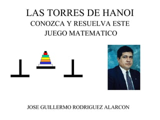 LAS TORRES DE HANOI CONOZCA Y RESUELVA ESTE JUEGO MATEMATICO JOSE GUILLERMO RODRIGUEZ ALARCON 