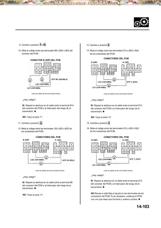 15. Cambie a posición 1.
9. Cambie a posición P o N. 13. Cambie a posición 2.
10. Mida el voltaje entre las terminales B9 y B20 o B22 del
conector del PCM.
14. Mida el voltaje entre las terminales D14 y B20 o B22
de los conectores del PCM.
CONECTORES DEL PCM
B (25P)
¿Hay voltaje? ¿Hay voltaje?
SI- Repare la abertura en el cable entre la terminal B14
del conector del PCM y el interruptor del rango de la
transmisión. n
SI- Repare la abertura en el cable entre la terminal D14
del conector del PCM y el interruptor del rango de la
transmisión. n
NO- Vaya al paso 11. NO- Vaya al paso 15.
11. Cambie a posición D3 .
12. Mida el voltaje entre las terminales D8 y B20 o B22 de
los conectores del PCM.
16. Mida el voltaje entre las terminales D15 y B20 o B22
de los conectores del PCM.
CONECTORES DEL PCM
B (25P) B (25P)
¿Hay voltaje?
¿Hay voltaje?
SI- Repare la abertura en el cable entre la terminal D8
del conector del PCM y el interruptor del rango de la
transmisión. n
SI- Repare la abertura en el cable entre la terminal D15
del conector del PCM y el interruptor del rango de la
transmisión. n
NO- Vaya al paso 13.
NO-Revise si está flojo el ajuste en las terminales de los
conectores del PCM. Si es necesario, sustituya el PCM
con uno que sepa que funciona y vuelva a probar. n
D (16P)
D (16P)
D (16P)
ATP D3 (ROJ)
LG1 (CAF/AMA)
Lado de cables de las terminales hembra
CONECTORES DEL PCM
Lado de cables de las terminales hembra
14-103
CONECTOR B (25P) DEL PCM
ATP NP (AZU/BLA)
LG1 (CAF/AMA)
Lado de cables de las terminales hembra
Lado de cables de las terminales hembra
ATP 2 (AZU)
ATP 1 (CAF)
LG1 (CAF/AMA)
LG2 (CAF/AMA)LG2 (CAF/AMA)
LG2 (CAF/AMA)
LG2 (CAF/AMA)
LG2 (CAF/AMA)
 
