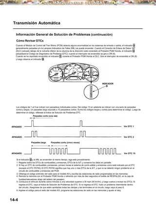 Transmisión Automática
Información General de Solución de Problemas (continuación)
Cómo Revisar DTCs
Cuando el Módulo de Control del Tren Motriz (PCM) detecta alguna anormalidad en los sistemas de entrada o salida, el indicador D
generalmente parpadea y/o la Lampara Indicadora de Fallas (MIL) se puede encender. Cuando el Conector de Enlace de Datos 16P
(DLC) (ubicado debajo de la cubierta inferior de la columna de la dirección) está conectado al Probador PGM Honda, el indicador D
parpadeará el Código de Diagnóstico de Problema (DTC), cuando el interruptor de encendido se gire a ON (II).
Cuando se ha reportado encendido el indicador D, conecte el Probador PGM Honda al DLC. Gire el interruptor de encendido a ON (II)
y luego observe el indicador D.
Los códigos del 1 al 9 se indican con parpadeos individuales cortos. Del código 10 en adelante se indican con una serie de parpadea
cortos y largos. Un parpadeo largo equivale a 10 parpadeos cortos. Sume los códigos largos y cortos para determinar el código. Luego de
determinar el código, refiérase al Indice de Solución de Problemas DTC.
Parpadeo largo Parpadeo corto (cinco veces)
Si el indicador D y la MIL se encienden al mismo tiempo, siga este procedimiento:
1. Registre todos los DTCs de combustible y emisiones, DTCs de la A/T y conserve los datos en pantalla.
2. Si hay un DTC de combustible y emisiones, primero revise el sistema de comb ustible y emisiones como está indicado por el DTC
(excepto el DTC P0700). El DTC P0700 significa que hay uno o más DTCs de la A/T, y que no se detectó ningún problema en el
circuito de combustible y emisiones del PCM.
3. Obtenga el código antirrobo del radio para el modelo KX y escriba las estaciones de radio programadas en las memorias.
4. Reinicie la memoria con el Probador PGM Honda o retirando por más de diez segundos el fusible de RESPALDO, en la caja de
fusibles/relevadores abajo del tablero del pasajero.
5. Conduzca el vehículo durante varios minutos a una velocidad superior a 30 mph (50 km/hr), y luego vuelva a revisar los DTCs. Si
regresa el DTC, vaya al Indice de Solución de Problemas de DTC. Si no regresa el DTC, hubo un problema intermitente dentro
del circuito. Asegúrese de que estén apretadas todas las clavijas y las terminales en el circuito, luego vaya al paso 6.
6. Ingrese el código para el radio del modelo KX, programe las estaciones de radio en las memorias y ajuste el reloj.
14-4
INDICADOR
APAGADO Ver DTC 1
APAGADO Ver DTC 2
APAGADO Ver DTC 15
Parpadeo corto (una vez)
 