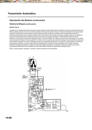 A medida que la velocidad del vehículo alcanza la válvula indicada, la válvula solenoide del convertidor de torque es encendida (ON) por el
PCM, para liberar presión LC (LA) de la cavidad izquierda de la válvula de cambio de bloqueo. Presión del modulador (6) se aplica al lado
derecho de la válvula de cambio de bloqueo, luego la válvula de cambio de bloqueo se mueve hacia la izquierda para conmutar el
conducto que lleva presión del convertidor de torque hacia el lado derecho del convertidor de torque. Se aplica presión del convertidor de
torque (91) al lado derecho del convertidor de torque, para engranar el embrague de bloqueo. El PCM también controla la válvula
solenoide C de control de la presión del embrague de la A/T, y se aplica presión LS C (58) a la válvula de control de bloqueo y a la válvula
de sincronización de bloqueo. Cuando la presión LS C (58) es menor, la presión del convertidor de torque (91) proveniente de la válvula de
sincronización de bloqueo es menor. El embrague de bloqueo es engranado parcialmente. La presión LS C (58) aumenta, y la válvula de
sincronización de bloqueo se mueve al lado izquierdo, para descubrir el conducto que lleva alta presión del convertidor de torque.
Entonces el embrague de bloqueo se engrana con seguridad. Bajo esta condición, el embrague de bloqueo se engrana por presión
proveniente del lado derecho del convertidor de torque; este estado de bloqueo es conocido como bloqueo parcial.
Transmisión Automática
Descripción del Sistema (continuación)
Sistema de Bloqueo (continuación)
Bloqueo Parcial
NOTA: Cuando aparecen “Izquierda” o “derecha”, indican el sentido del circuito hidráulico.
14-68
CONVERTIDOR
DE TORQUE
VALVULA DE
SINCRONIZA-
CION DE BLOQUEO
VALVULA DE CAMBIO
DE BLOQUEO
VALVULA DE
CONTROL
DE BLOQUEO
VALVULA DE
DESCARGA
VALVULA DE
RETENCION DEL
CONVERTIDOR DE
TORQUE
VALVULA DE
RETENCION DEL
ENFRIADOR FILTRO
DEL ATF VALVULA REGULADORA
VALVULADE
RETENCION DE
LUBRICACION
BOMBA
DEL ATF
CALENTADOR
DEL ATF
CONTRAEJE
EJE
SECUNDARIO
EJE PRINCIPAL
VALVULA
SOLENIODE DEL
EMBRAGUE DEL
CONVERTIDOR
DE TORQUE
PRESION DEL MODULADOR
PRESION LS C
 