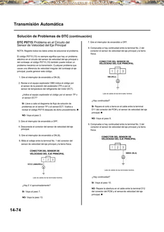 Transmisión Automática
Solución de Problemas de DTC (continuación)
DTC P0715:Problema en el Circuito del
Sensor de Velocidad del Eje Principal
NOTA: Registre todos los datos antes de solucionar el problema.
El código P0715 (15) no siempre significa que hay un problema
eléctrico en el circuito del sensor de velocidad del eje principal o
del contraeje; el código P0715 (15) también puede indicar un
problema mecánico en la transmisión. Cualquier problema que
cause una diferencia de velocidad irregular del contraeje al eje
principal, puede generar este código.
1. Gire el interruptor de encendido a ON (II).
2. Revise si el equipo explorador OBD indica el código por
el sensor de la posición del acelerador (TP) o por el
sensor de temperatura del refrigerante del motor (ECT).
¿Indica el equipo explorador el código por el sensor TP o
el sensor ECT?
SI- Lleve a cabo el diagrama de flujo de solución de
problemas en el sensor TP o el sensor ECT. Vuelva a
revisar el código P0715 después de dicho procedimiento. n
NO- Vaya al paso 3.
3. Gire el interruptor de encendido a OFF.
4. Desconecte el conector del sensor de velocidad del eje
principal.
5. Gire el interruptor de encendido a ON (II).
6. Mida el voltaje entre la terminal No. 1 del conector del
sensor de velocidad del eje principal y la tierra física.
VCC2 (AMA/ROJ)
Lado de cables de las terminales hembra.
¿Hay 5 V aproximadamente?
SI- Vaya al paso 7.
NO- Vaya la paso 13.
7. Gire el interruptor de encendido a OFF.
8. Compruebe si hay continuidad entre la terminal No. 2 del
conector el sensor de velocidad del eje principal y la tierra
física.
CONECTOR DEL SENSOR DE
VELOCIDAD DEL EJE PRINCIPAL
=
Lado de cables de las terminales hembra
¿Hay continuidad?
SI- Repare el corto a tierra en el cable entre la terminal
D11 del conector del PCM y el sensor de velocidad del eje
principal. n
NO- Vaya al paso 9.
9. Compruebe si hay continuidad entre la terminal No. 3 del
conector el sensor de velocidad del eje principal y la tierra
física.
CONECTOR DEL SENSOR DE
VELOCIDAD DEL EJE PRINCIPAL
NMSG (BLA)
¿Hay continuidad?
SI- Vaya al paso 10.
NO- Repare la abertura en el cable entre la terminal D12
del conector del PCM y el sensorde velocidad del eje
principal. n
Lado de cables de las terminales hembra.
14-74
CONECTOR DEL SENSOR DE
VELOCIDAD DEL EJE PRINCIPAL
NM (ROJ)
 