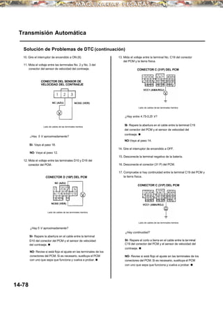 Transmisión Automática
Solución de Problemas de DTC (continuación)
10. Gire el interruptor de encendido a ON (II).
11. Mida el voltaje entre las terminales No. 2 y No. 3 del
conector del sensor de velocidad del contraeje.
CONECTOR DEL SENSOR DE
VELOCIDAD DEL CONTRAEJE
NCSG (VER)
¿Hay 5 V aproximadamente?
SI- Vaya al paso 18.
NO- Vaya al paso 12.
12. Mida el voltaje entre las terminales D10 y D16 del
conector del PCM.
CONECTOR D (16P) DEL PCM
NCSG (VER)
Lado de cables de las terminales hembra
¿Hay 5 V aproximadamente?
SI- Repare la abertura en el cable entre la terminal
D10 del conector del PCM y el sensor de velocidad
del contraeje. n
NO- Revise si está flojo el ajuste en las terminales de los
conectores del PCM. Si es necesario, sustituya el PCM
con uno que sepa que funciona y vuelva a probar. n
13. Mida el voltaje entre la terminal No. C19 del conector
del PCM y la tierra física.
CONECTOR C (31P) DEL PCM
Lado de cables de las terminales hembra
¿Hay entre 4.75-5.25 V?
SI- Repare la abertura en el cable entre la terminal C19
del conector del PCM y el sensor de velocidad del
contraeje. n
NO-Vaya al paso 14.
14. Gire el interruptor de encendido a OFF.
15. Desconecte la terminal negativa de la batería.
16. Desconecte el conector (31 P) del PCM.
17. Compruebe si hay continuidad entre la terminal C19 del PCM y
la tierra física.
CONECTOR C (31P) DEL PCM
¿Hay continuidad?
SI- Repare el corto a tierra en el cable entre la terminal
C19 del conector del PCM y el sensor de velocidad del
contraeje. n
NO- Revise si está flojo el ajuste en las terminales de los
conectores del PCM. Si es necesario, sustituya el PCM
con uno que sepa que funciona y vuelva a probar. n
NC (AZU)
NC (AZU)
VCC1 (AMA/ROJ)
VCC1 (AMA/ROJ)
Lado de cables de las terminales hembra
Lado de cables de las terminales hembra
14-78
 