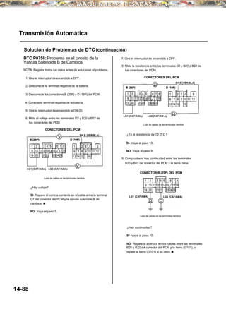 SI- Vaya al paso 13.
Transmisión Automática
Solución de Problemas de DTC (continuación)
DTC P0758: Problema en el circuito de la
Válvula Solenoide B de Cambios
7. Gire el interruptor de encendido a OFF.
8. Mida la resistencia entre las terminales D2 y B20 o B22 de
los conectores del PCM.NOTA: Registre todos los datos antes de solucionar el problema.
CONECTORES DEL PCM1. Gire el interruptor de encendido a OFF.
2. Desconecte la terminal negativa de la batería.
3. Desconecte los conectores B (25P) y D (16P) del PCM.
4. Conecte la terminal negativa de la batería.
5. Gire el interruptor de encendido a ON (II).
6. Mida el voltaje entre las terminales D2 y B20 o B22 de
los conectores del PCM.
Lado de cables de las terminales hembra
¿Es la resistencia de 12-25Ω?
NO- Vaya al paso 9.
9. Compruebe si hay continuidad entre las terminales
B20 y B22 del conector del PCM y la tierra física.
¿Hay voltaje?
SI- Repare el corto a corriente en el cable entre la terminal
D7 del conector del PCM y la válvula solenoide B de
cambios. n
LG2 (CAF/AMA)LG1 (CAF/AMA)
NO- Vaya al paso 7.
¿Hay continuidad?
SI- Vaya al paso 10.
NO- Repare la abertura en los cables entre las terminales
B20 y B22 del conector del PCM y la tierra (G101), o
repare la tierra (G101) si es débil. n
14-88
CONECTORES DEL PCM
SH B (VER/BLA)
SH B (VER/BLA)
CONECTOR B (25P) DEL PCM
LG1 (CAF/AMA) LG2 (CAF/AMA)
Lado de cables de las terminales hembra
LG1 (CAF/AMA) LG2 (CAF/AM A)
Lado de cables de las terminales hembra
 